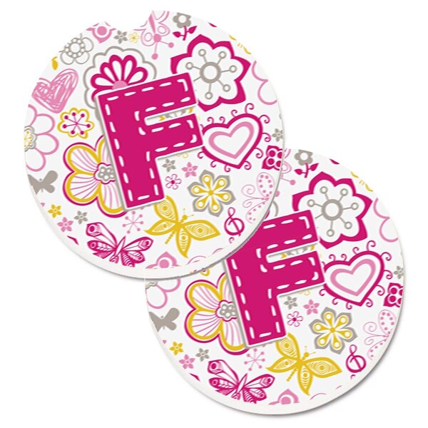 Carolines Treasures Letter F Flowers and Butterflies Pink Cup Holder Car Coaster, PK2 CJ2005-FCARC - main